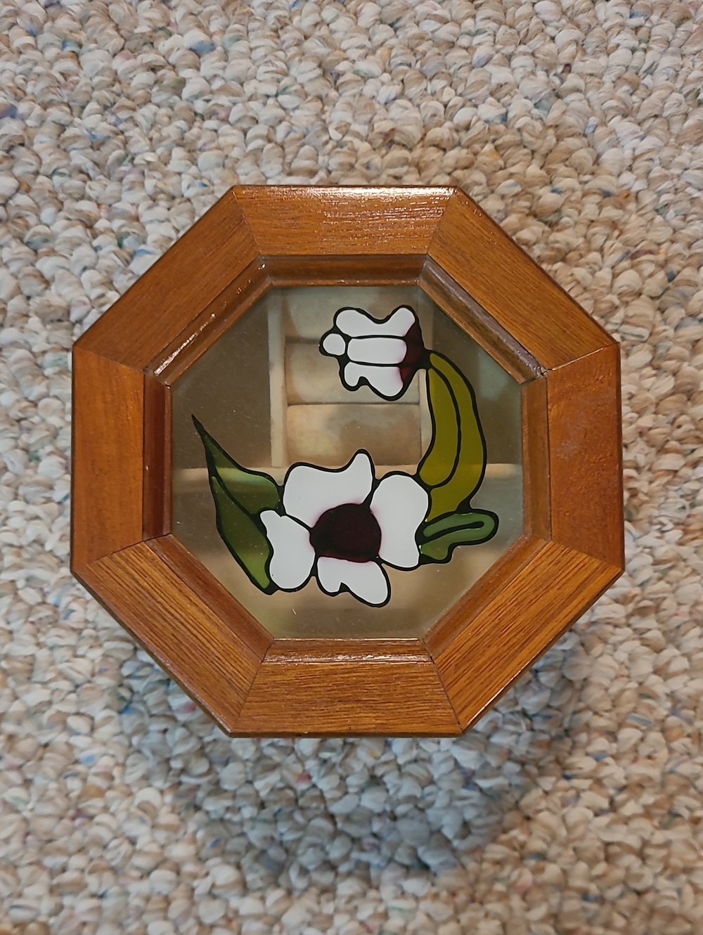 Vintage Wood Octagon Jewelry Box with White Floral Accent